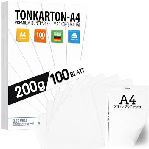 Produktbild: Fotopapier A4 Matt Papier 200g - 100 Blatt - PREMIUM PAPIER WEIß - DIN Format- Druckerpapier unbedruckt für Postkarten, Briefe, Pappe, Präsentationen Bogen, Basteln, Pappe, Tonkarton - Scrapbooking