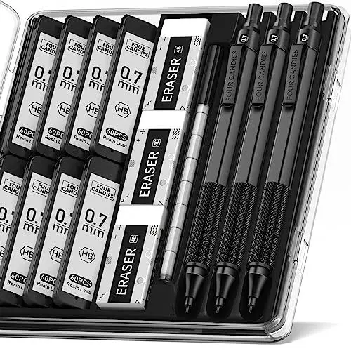 Produktbild: Four Candies 0,7mm Druckbleistift-Set mit Etui, Metall-Künstlerbleistift mit 8 Röhren (480 Stück), HB-Minenminen, 3 Radiergummis, 9 Radiergummi-Nachfüllungen Ingenieure, Schreiben, Zeichnen, Schwarz