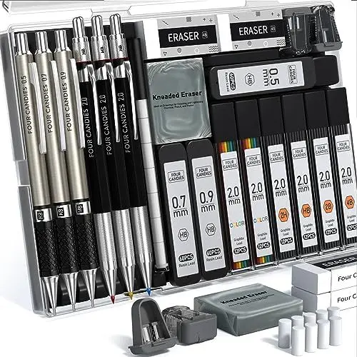 Produktbild: Four Candies 25-teiliges Kunst Druckbleistift-Set mit Etui, Metall-Druckbleistifte 0,5, 0,7, 0,9 mm 2 mm Kupplungsstift (HB 2H 2B 4B Farbe) mit 432 Stück Graphit Minen-Nachfüllungen für Zeichnen