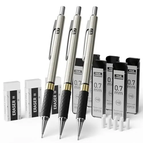 Produktbild: Four Candies Druckbleistift Set, 3 Stück Metall Minenbleistift 0,7 mm, Mechanische Bleistifte mit 360 Stück HB-Minen, 3 Radiergummis und Etui, Druckbleistifte zum Schreiben und Zeichnen für Ingenieure