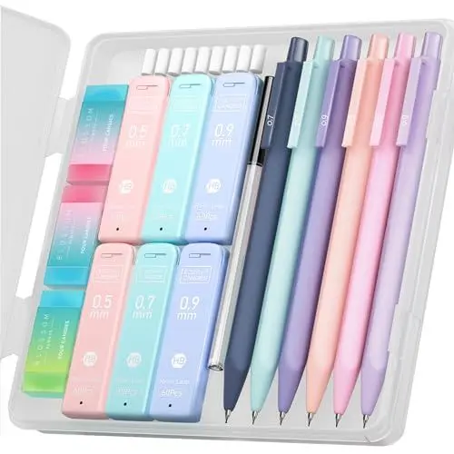 Produktbild: Four Candies Druckbleistift Set, 6 Stück Minenbleistift 0,5 & 0,7 &0,9 mm, 360 Minen HB, 3 Radierer, Mechanischer Bleistifte Coole Stifte Schulsachen Aesthetic School Stuff Clean Girl Stationery
