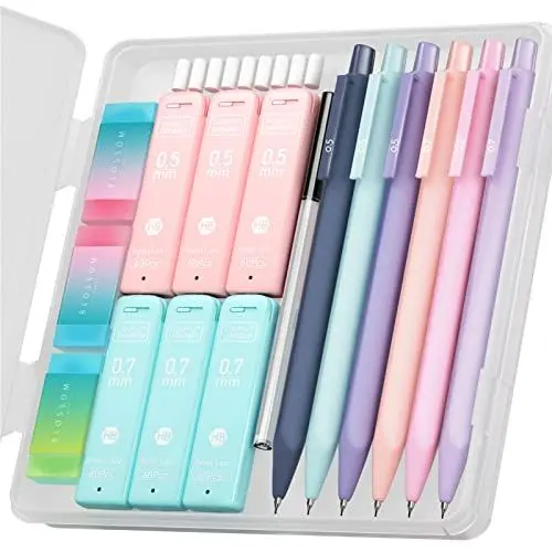 Produktbild: Four Candies Druckbleistift Set, 6 Stück Minenbleistift 0,5 & 0,7 mm, 360 Minen HB, 3 Radierer, Mechanischer Bleistifte Coole Stifte Schulsachen Aesthetic School Stuff Clean Girl Stationery