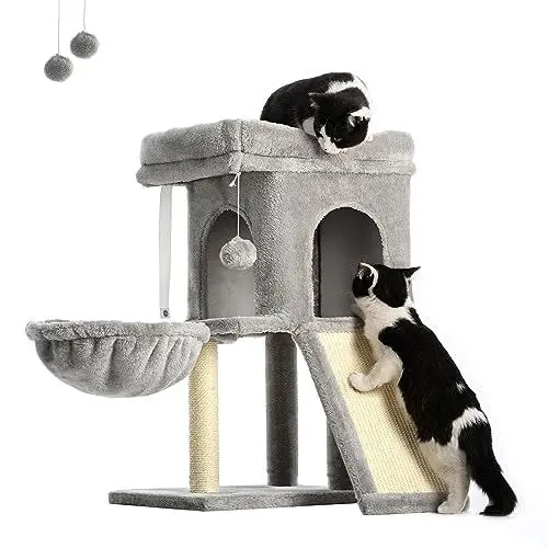 Produktbild: FourFurPets Kratzbaum, 67cm Katzenbaum, Plattformen groß, Höhlen, Hängematte, Hellgrau, 333PMJB01W01