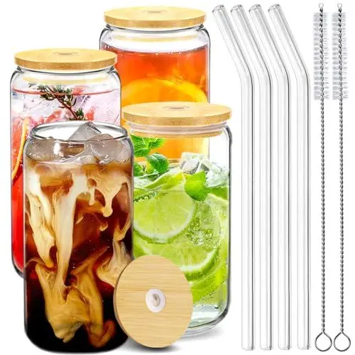 Produktbild: FOVHEE 4 Stück Glas mit Deckel und Strohhalm,Trinkglas mit Deckel,Gläser Dosenform Longdrinkgläser Set,500ml Iced Coffee Glas,Gläser mit Deckel und Strohhalm für Kaffee, Smoothies (Kappe)