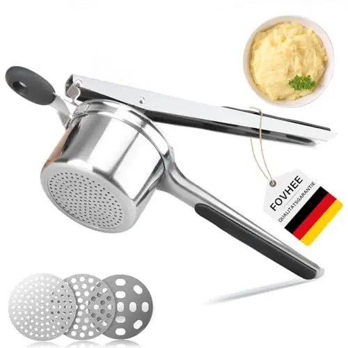Produktbild: FOVHEE Kartoffelpresse aus Edelstahl, mit 3 Austauschbaren Feinheitsscheiben, Professionelle Kartoffelquetsche für Kartoffelpüree, Obstsäfte, Gemüsebrei, Press Mesh Fruit or Food