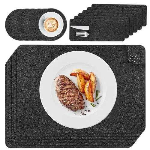 Produktbild: FOVHEE Tischsets Platzsets,18er Set Platzsets Abwaschbar,Tischset aus Filz rutschfest:6Tischsets 44x32cm+6Glasuntersetzer+6Bestecktaschen,Anthrazit Hitzebeständig Platzdeckchen für Küche,Speisetisch