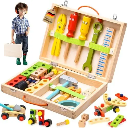 Produktbild: FOVHEE Werkzeugkoffer Kinder Spielzeug ab 3 Jahre,Kinder Holzspielzeug Montessori Spielzeug,Kinder Werkzeug Lernspiele,Werkzeug Kinder Weihnachten Geschenk Mädchen Junge Spiele ab 3 4 5 Jahre(34Pcs)