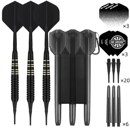 Produktbild: FOX SMILING Dartpfeile mit Kunststoffspitze 3 Stück 22 Gramm, 2BA Thread, mit 2 in 1 Dart Flights mit Schäfte und Storage Box 6 Flügen 6 PC-Wellen 20 Plastic Spitze für Elektronische Dartscheibe