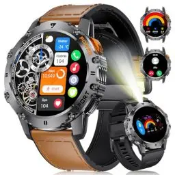 Produktbild: FOXBOX Smartwatch Herren Magnet Armbänder,1.43''AMOLED 500mAh Militär Smart Watch,IP68 Wasserdicht Fitnessuhr 110+ Sportmodi mit Taschenlampe Blutdruckmessung Herzfrequenz Schlafmonitor Schwarz Braun
