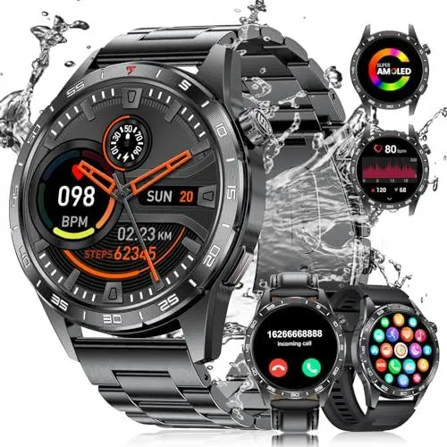Produktbild: FOXBOX Smartwatch Herren Telefonfunktion,1.43'' AMOLED Fitness wasserdichte,100+ Sport Modi mit Bluetooth Smart Watch,Herzfrequenz Kalorien Schlaf Erkennung Android iOS 400mAh Schwarz-Stahl