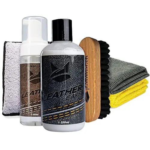 Produktbild: FOXED Care Lederreinigung und Pflege Bundle - Lederreiniger 0,15L - Lederpflege 0,25L - Lederbürste - Auftragsschwamm - 2X Mikrofasertuch für Innenreinigung