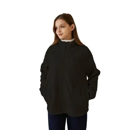 Produktbild: FP DE POWER FLOWER Damen Sherpa Fleece-gefütterter Zip Up Mantel Teddy Fleece Winterjacke für Frauen Stehkragen Zip-up-Strickjacke mit Taschen (XL-XXL, LY155-Black)