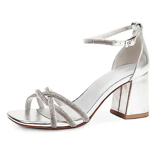 Produktbild: FRALOSHA Absatz Sandalen für Damen Knöchelriemen niedriger Absatz offene Zehenpartie Sandalen Kunstleder Kleidersandalen Hochzeitsschuhe Silber 36