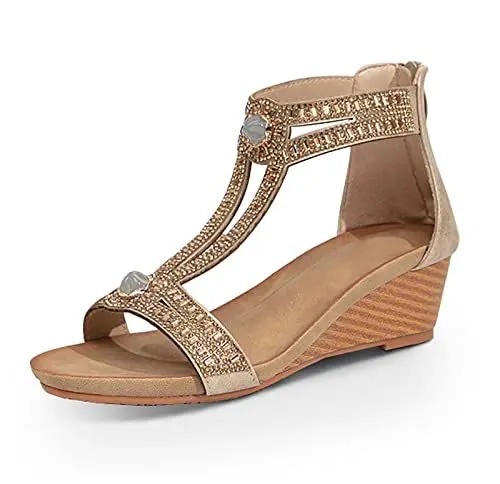 Produktbild: FRALOSHA Keilsandalen für Damen offener Zehenbereich lässig Sommer römisch hoher Absatz atmungsaktiv Strandsandalen Gold 41 EU