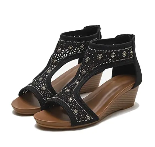 Produktbild: FRALOSHA Sandalen damen keilsandalen sommer offene Zehen lässig mit absatz Strandsandalen plateau sommerschuhe Schwarz1 41