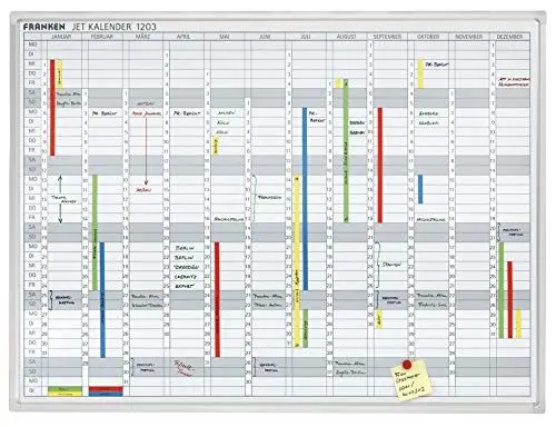 Produktbild: FRANKEN Jahresplaner über 12 Monate, lackiert, magnetisch, beschreibbar, trocken abwischbar, mit Aluminiumrahmen, Magnettafel zur Wandbefestigung, 120 x 90 cm, JK1203