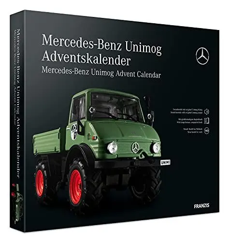 Produktbild: FRANZIS 55406 - Mercedes-Benz Unimog Adventskalender grün, Metall Modellbausatz im Maßstab 1:43, inkl. Soundmodul und 52-seitigem Begleitbuch