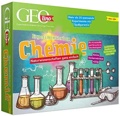 Produktbild: FRANZIS 67128 - GEOlino Experimentierbox Chemie, Experimentierkasten inkl. Laborausrüstung, Set mit 4 Chemikalien, Handbuch und weiterem Zubehör, keine Vorkenntnisse nötig, Mittel