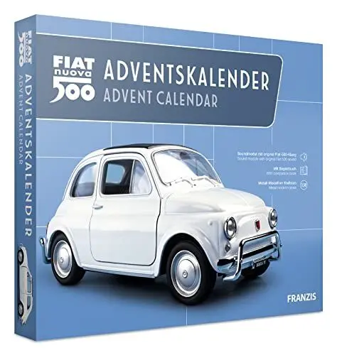 Produktbild: FRANZIS 67168 - Fiat 500 Adventskalender, Metall Modellbausatz im Maßstab 1:38, inkl. Soundmodul und 52-seitigem Begleitbuch