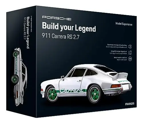Produktbild: FRANZIS 67217 - Porsche Carrera RS - Build Your Legend - detailgetreuer Modellbausatz inkl. Soundmodul, LED-Beleuchtung, 72-seitigem Begleitbuch, Weiß