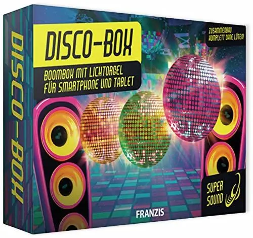 Produktbild: Franzis 67082 Disco-Box Bausatz ohne Löten, Boombox mit Verstärker und Lichtorgel für Zuhause, einfach an Smartphone oder Tablet anschließen Inkl. Platine, LEDs, Lautsprecher usw, Grey