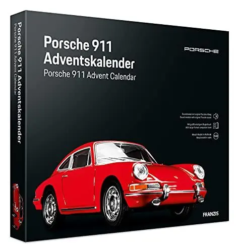 Produktbild: FRANZIS 55199 - Porsche 911 Adventskalender rot, Metall Modellbausatz im Maßstab 1:43, inkl. Soundmodul und 52-seitigem Begleitbuch