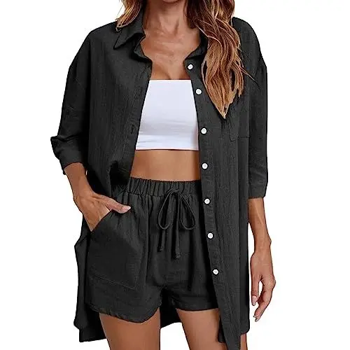 Produktbild: Frauen Casual Fashion Solid 3/4 Ärmel Hemd Bluse Taste Shorts Hose Mit Gürtel Set Anzüge Schlafanzug Schwangerschaft (Black, XL)