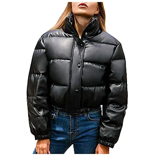Produktbild: Frauen Elegante Jacken Mantel Dicker Warmer Kurzer Langer Ärmel Warmer Mantel Mode Ledermantel Solide Reißverschluss Baumwolljacke Kunstfelljacke (Black, L)
