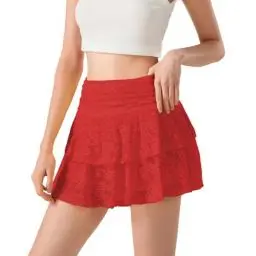 Produktbild: Frauen Floral Spitze Slip Röcke Niedrige Taille Rüsche Layered Plissee Mini Röcke Y2k Flowy Tiered Short Rock(Red-2,S)