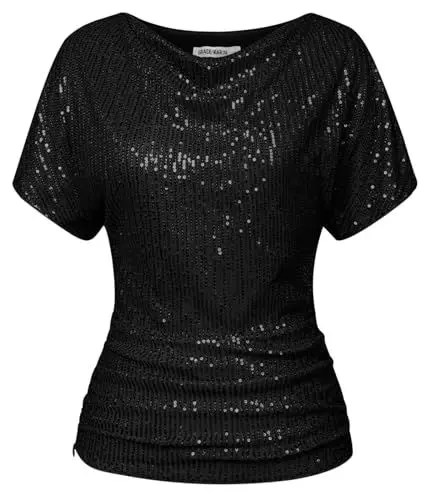 Produktbild: GRACE KARIN Frauen Elegante Schwarze Pailletten Tops Fledermausflügel Ärmel Party Tops Schwarz L