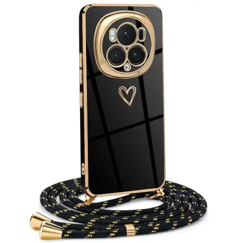 Produktbild: Mkej Frauen Mädchen Handykette Kompatibel mit Honor Magic 6 Pro 5G - Silikon Hülle mit Band - Handyhülle für Honor Magic 6 Pro 5G Herz Love Design Galvanik - in schwarzes Gold