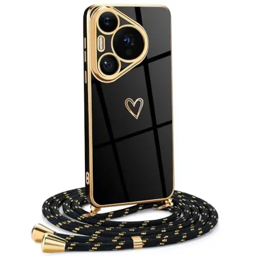 Produktbild: Frauen Mädchen Handykette Kompatibel mit Huawei Pura 70 Pro - Silikon Hülle mit Band - Handyhülle für Huawei Pura 70 Pro Herz Love Design Galvanik - in schwarzes Gold