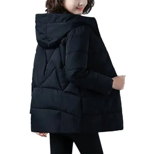 Produktbild: Frauen Mit Kapuze Parkas Herbst Winter Jacke Solide Verdicken Warme Mäntel Weibliche Lose Baumwolle Gefütterte Mantel Black M