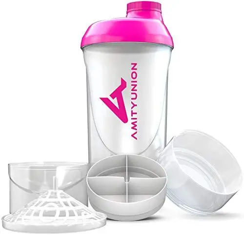 Produktbild: AMITYUNION Frauen Protein Shaker 700 ml - ORIGINAL Deluxe Eiweiß Shaker auslaufsicher - BPA frei mit Sieb & Skala für Cremige Whey Shakes, Gym Fitness Becher für Konzentrate in Pink Weiß Cup