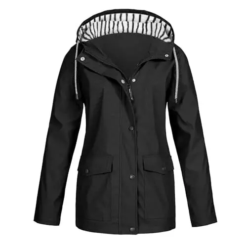 Produktbild: Regenjacke Frauen Leichter Regenmantel Wasserdichter Windbreaker Kordelzug Reißverschluss Klettern Outdoor Kapuzenmantel TrenchcoatsSchwarzXL