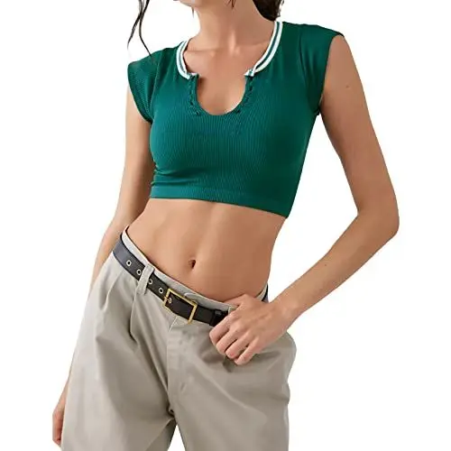 Produktbild: Frauen Sexy Kurzarm Crop Top Sommer V-Ausschnitt Rippstrick Tops Y2k T-Shirt Slim Fit Retro T-Shirt Ausgehen Streetwear (A- Short Sleeve Dark Green, S)