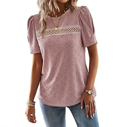 Produktbild: Frauen Sommer Top Rundhals Pullover Stilvolle Puffärmel Lässige Bluse Top Spitze Häkelbesatz Dame Kurzarm T-Shirt (XL)