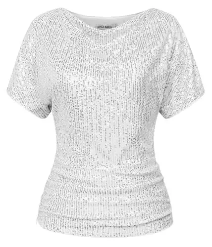 Produktbild: GRACE KARIN Damen 2024 Sommer Rundhalsausschnitt Glitzer Bluse Kurzarm Falten Pailletten Party Tops Silber XL