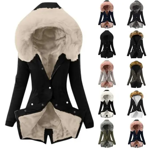 Produktbild: frauenmantel Winterjacke Lang Warm Gefüttert Wintermantel Winter Dicke Parka PlüSch Thermal Fleecemantel Plüschjacke Winterparka Steppjacke mit Fellkapuze softshelljacke damen
