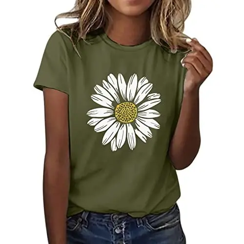 Produktbild: Frauen-Sonnenblumen-T-Shirt Plus Größen-lose Blusen-Oberseiten-Kurze Hülsen-grafische beiläufige T-Stücke Batik Shirt Damen (Army Green, M)