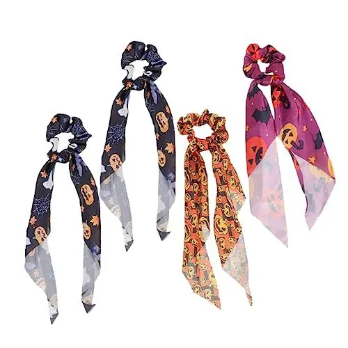 Produktbild: FRCOLOR 4 Stück Halloween-kopfs Eil Krause Haarsträhnen Haarring Scrunchie Bänder-pferdeschwanz-halter Halloween-haar-accessoire Haargummis Fräulein Polyester-spandex Elastisch Schleife
