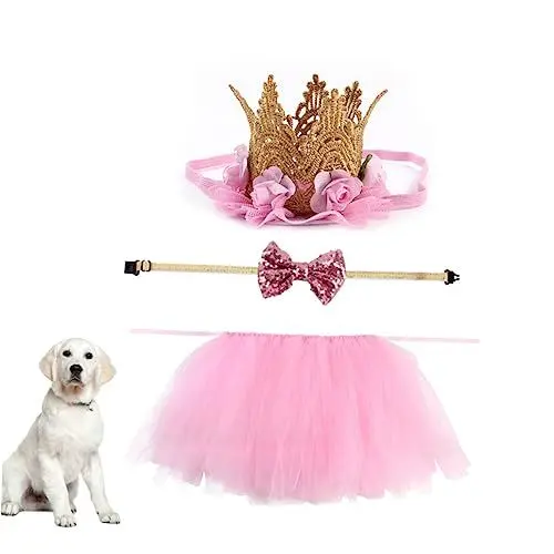 Produktbild: FRCOLOR 3pcs Hund Kleid Set Pet Kostüm Für Geburtstag Karneval Party Kleid Krawatte Kopfschmuck