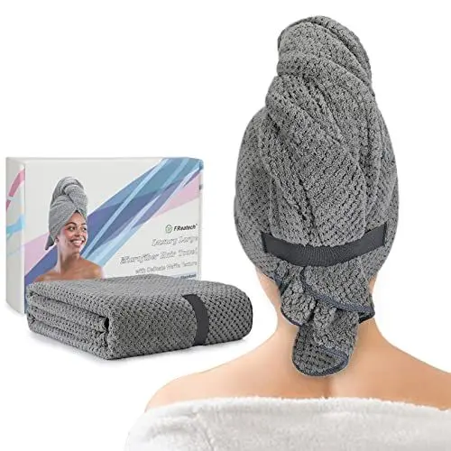 Produktbild: FREATECH Luxuriöses Mikrofaser Haartuch für Schnell Trocknendes Haar, Großer Haarturban Haarhandtuch Superweich und Saugfähig für Langes, Dickes Haar, Grau - 115 x 70 cm