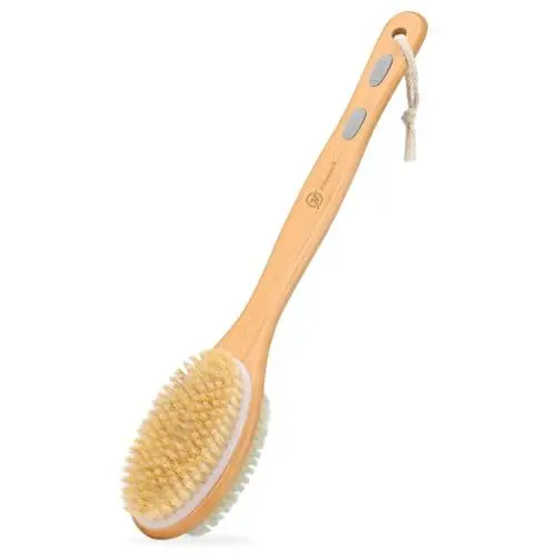 Produktbild: FREATECH Rückenbürste Duschbürste mit Langem Stiel, Doppelseitige Badebürste Rückenschrubber Körperbürste Peelingbürste mit Weichen und Harten Borsten für Pickel Akne Mitesser Cellulite Lymphdrainage