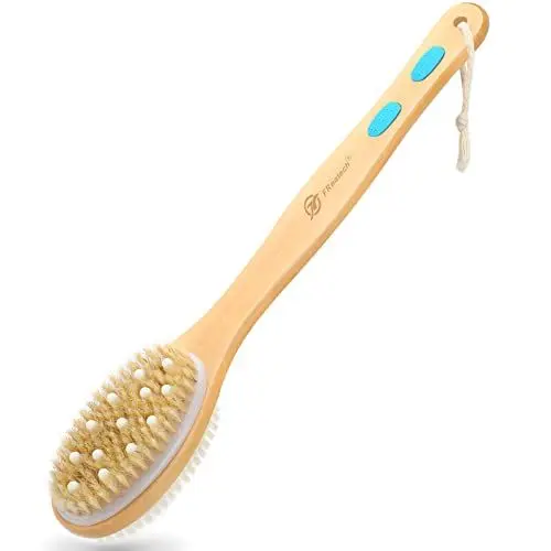 Produktbild: FREATECH Rückenbürste Duschbürste mit Langem Stiel und Massageknoten, Doppelseitige Badebürste Rückenschrubber Körperbürste Peelingbürste mit Weichen und Harten Borsten zum Nass- oder Trockenbürsten