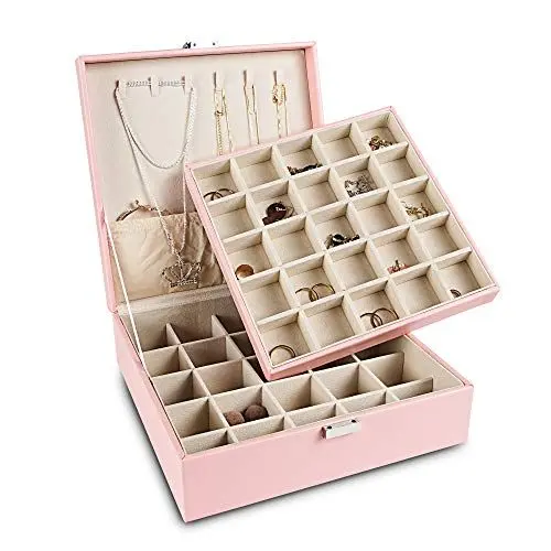 Produktbild: Frebeauty Ohrring-Organizer, klassische Schmuckschatulle, 50 Fächer, doppellagig, Schmuck-Aufbewahrungsbox mit 6 Halskettenhaken und Armbandtasche (Rosa)