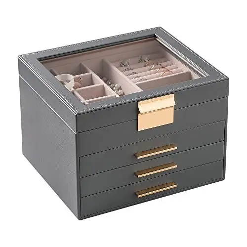 Produktbild: Frebeauty Schmuckkästchen mit transparentem Deckel, 4 Schichten, Schmuck-Organizer, groß, multifunktional, Halsketten, Armbänder für Frauen und Mädchen (grau)