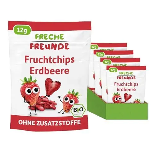 Produktbild: FRECHE FREUNDE Bio Fruchtchips Erdbeere, gefriergetrocknete Obst Chips, natürliche Trockenfrüchte in Scheiben ohne Zuckerzusatz, vegan, laktosefrei, glutenfrei, 12er Pack (12 x 12g)