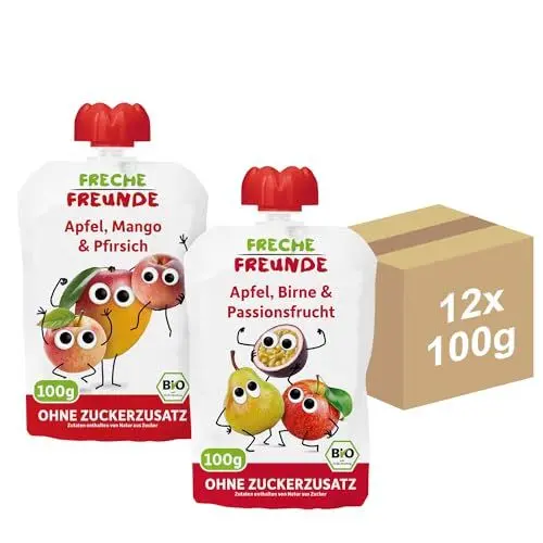 Produktbild: FRECHE FREUNDE Bio Quetschie, 6x Apfel, Birne & Passionsfrucht, 6x Apfel, Mango & Pfirsich, Fruchtmus im Quetschbeutel, für Kinder & Babys ab 6 Monaten, vegan, 2x 6er Pack (12 x 100g)