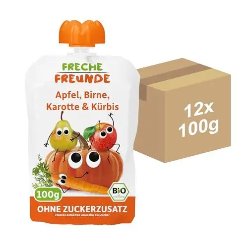 Produktbild: FRECHE FREUNDE Bio Quetschie Apfel, Birne, Karotte & Kürbis, Fruchtmus im Quetschbeutel, für Kinder & Babys ab 6 Monaten, vegan, glutenfrei, 2x 6er Pack (12 x 100g)